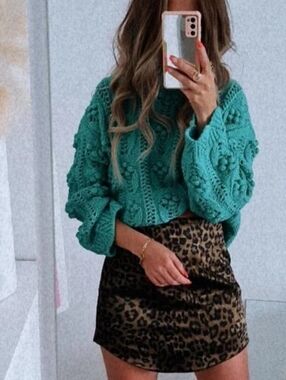 Zara Green Pom Pom Chunky Knit Crewneck Sweater Medium Blogger Favorite
